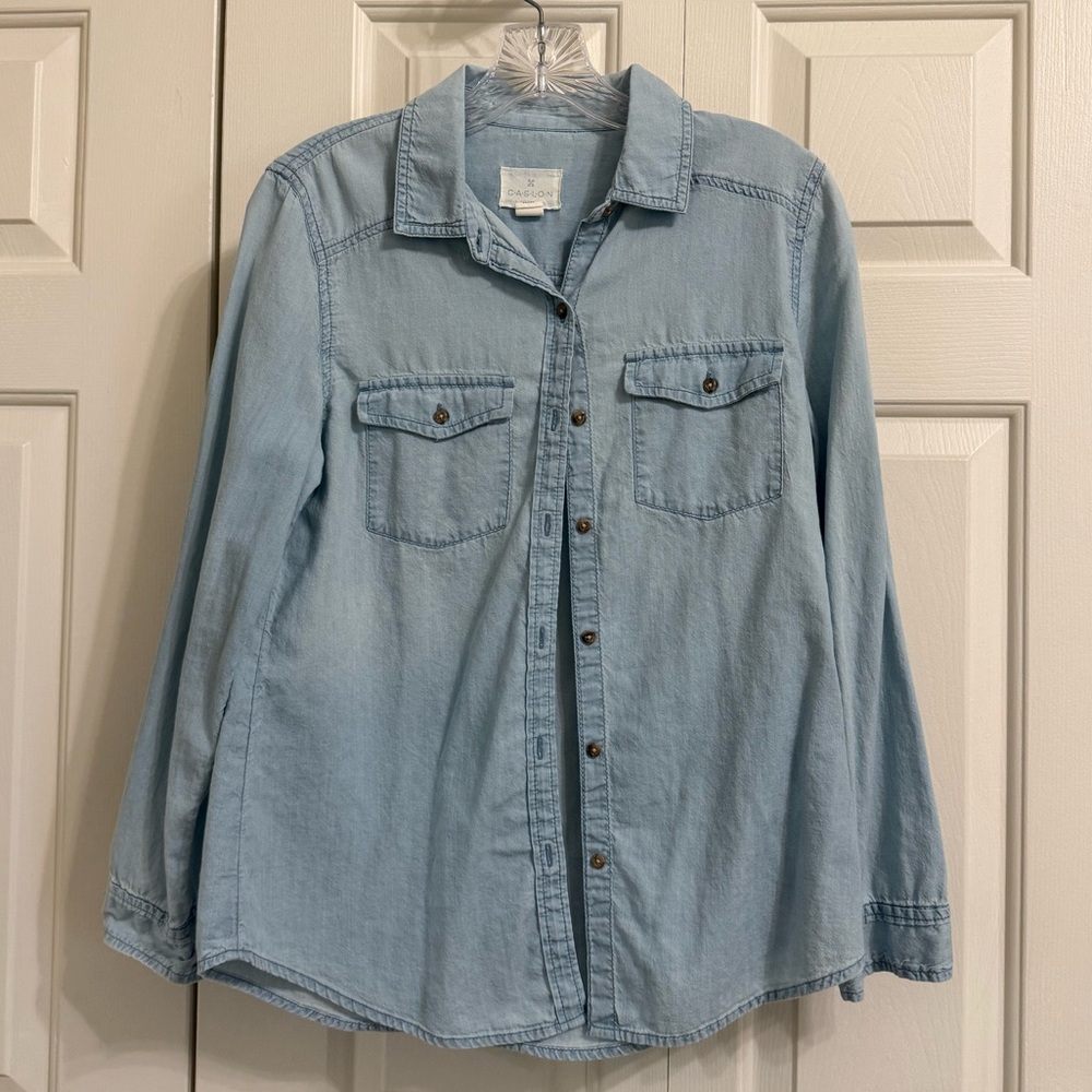 Caslon Shirt Blue Denim Jean Chambray Button Down Long Sleeve Shirt 100% Cotton